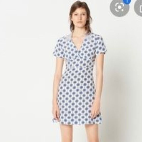 NWOT Sandro Enya Small Blue Geometric Print size 36 Small Silk Mini Dress - Picture 3 of 8